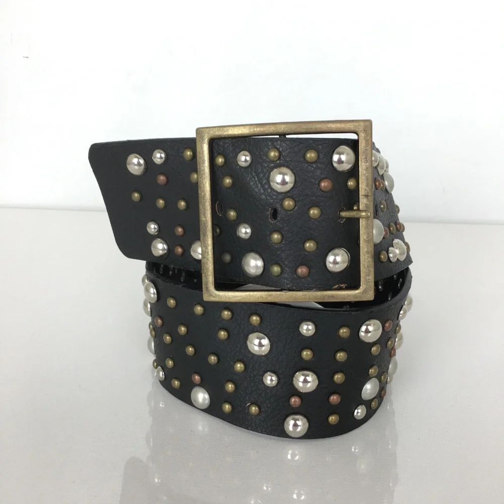 Buckle Wide Studded Statement Belt Black Faux Leather Women’s Size Large